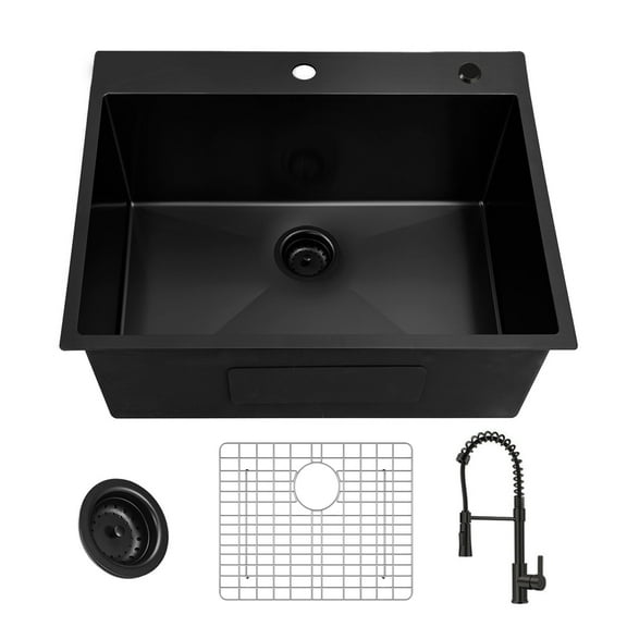 25 x 22 inch Drop-in Single Bowl Kitchen Sink, 18 Gauge Black Stainless Steel Kitchen Sink, Handmade Topmount Sink with Black Pull Out Spring Neck Faucet