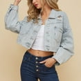 thumbnail image 4 of jsaierl Womens Ripped Cropped Denim Jacket Casual Tassel Jean Coat with Silver Rhinestone Fringe, 4 of 9