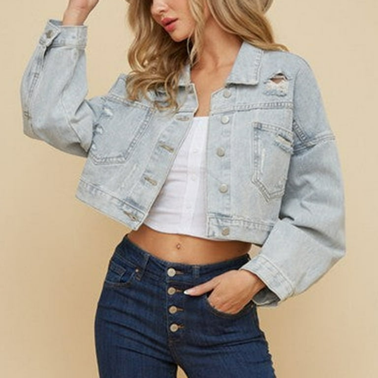 Long Sleeves Denim Jean Jacket Fashion Women Casual Pockets Button