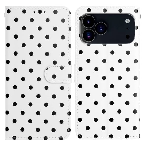 for iPhone 17 Pro Wallet Case with Wrist Strap - Faux Leather Flip Folio Phone Case with Card Holder Slot Kickstand Cute Aesthetic Small Round Dot Design for Women Ladies, White