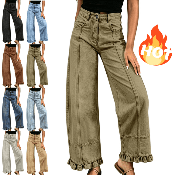 Mifsaly Womens High Waist Wide Leg Jeans Lettuce Trim Ruffle Hem Denim Pants Casual Loose Fit Front Seam Trousers with Pockets Coffee,L