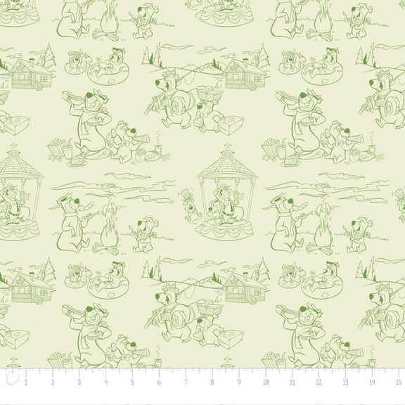 Yogi Bear Line Art Light Green 100% Cotton Fabric Sold by the Yard
