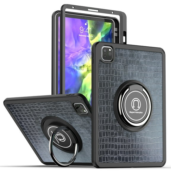 Case For Apple iPad Air 4 / iPad Air 5 / iPad Pro (11 inch) Slim Hybrid with Ring Magnetic Stand Holder Kickstand Frame Bumper Drop proof Tablet Cover [ Black Crocodile ]