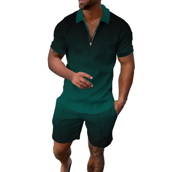 Afdoent Mens Two Piece Outfits Men's Plus Size Gradient Printed Short Sleeved Shirt And Shorts Set Casual Summer Outfit Comfortable And Stylish Clothing For Vacation Beach Leisure