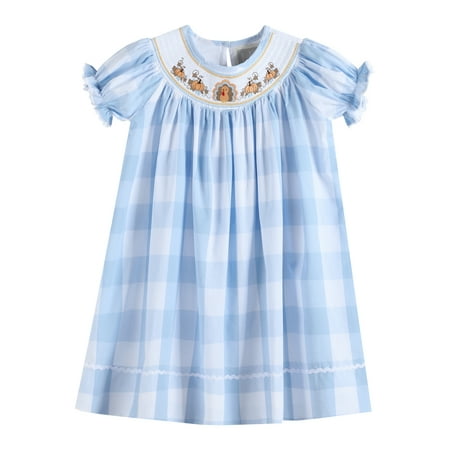 

Lil Cactus Girls Infant Toddler Kids Large Blue Check Turkey Smocked Bishop Dress