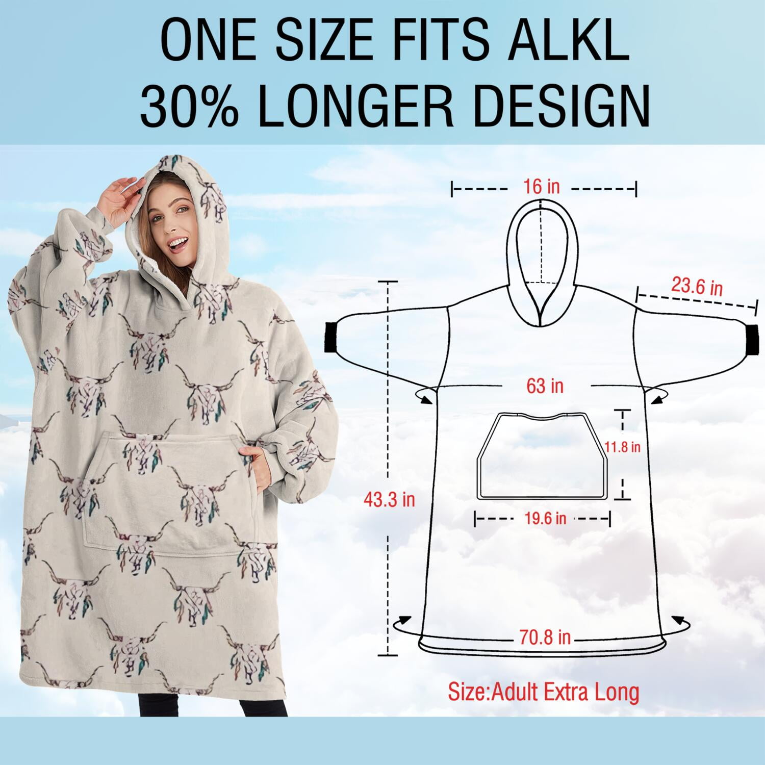 Oversized Wearable Blanket Hoodie,Beige Buffalo Skull Pattern Sherpa Blanket Hoodie with Super Pockets,Super Warm Fuzzy Pullover for Women & Men