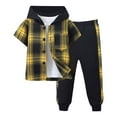 thumbnail image 2 of Hienoo Little Boys Outfits Plaid Long Sleeve Button Hooded Shirt and Pants 2-Piece Set, 2 of 5