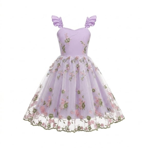 Girls Tulle Princess Dresses Trendy Embroidery Flower Lace Ruffle Spaghetti Gown for Pageant Wedding Birthday Party Graduation Dance Prom Purple 5-6 Years