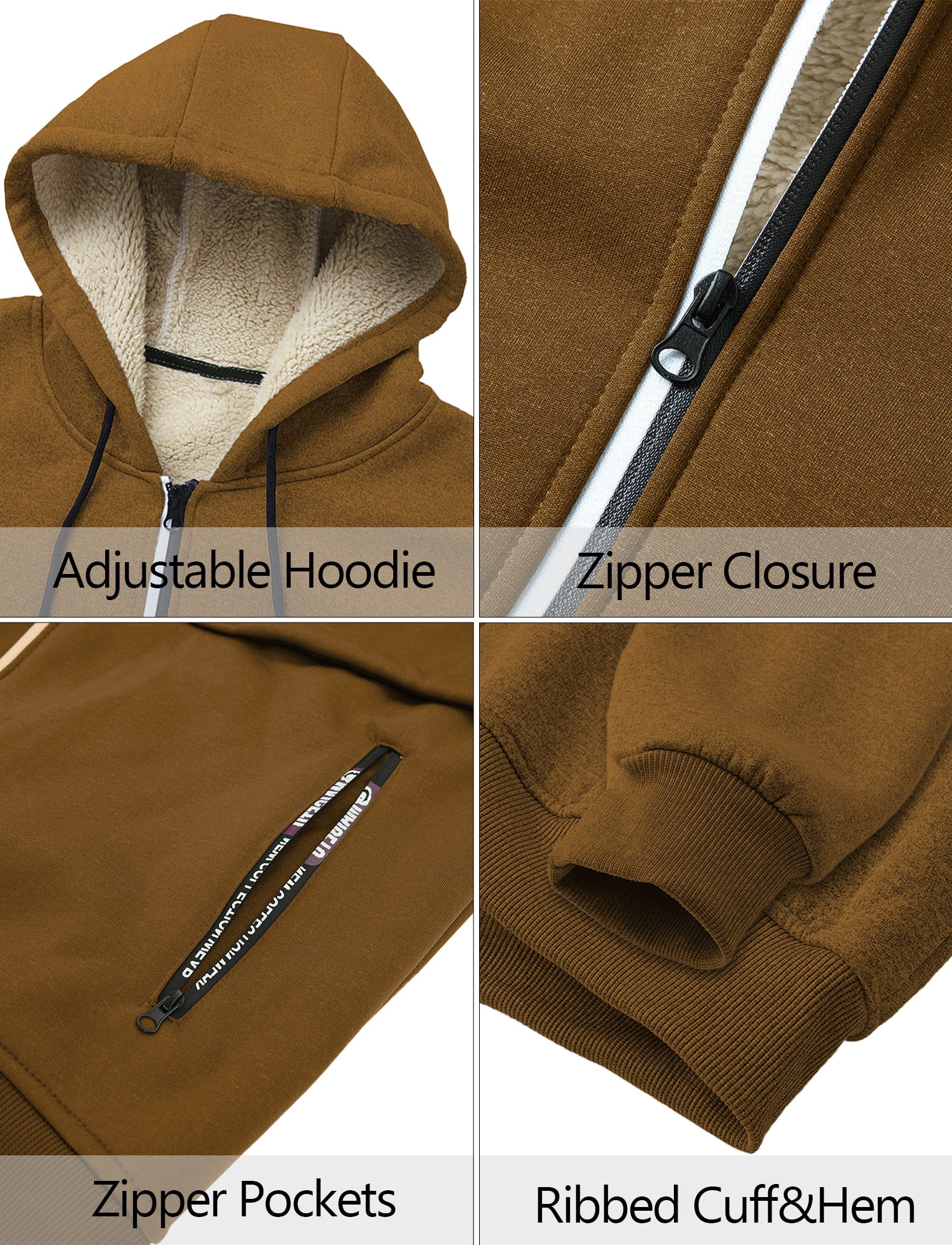 FEOYA Sherpa Lined Hoodies for Men Heavyweight Fleece Jackets Thermal Thick Coat Softshell Outwear Warm winter Sweatshirt with Pockets 2XL Brown