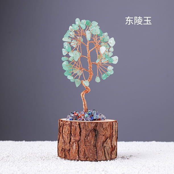 Nvzi Árbol de la fortuna con base de madera y piedra triturada de cristal natural, base de madera maciza, árbol de la vida de piedra natural verde, decoración para el hogar - 1 pieza