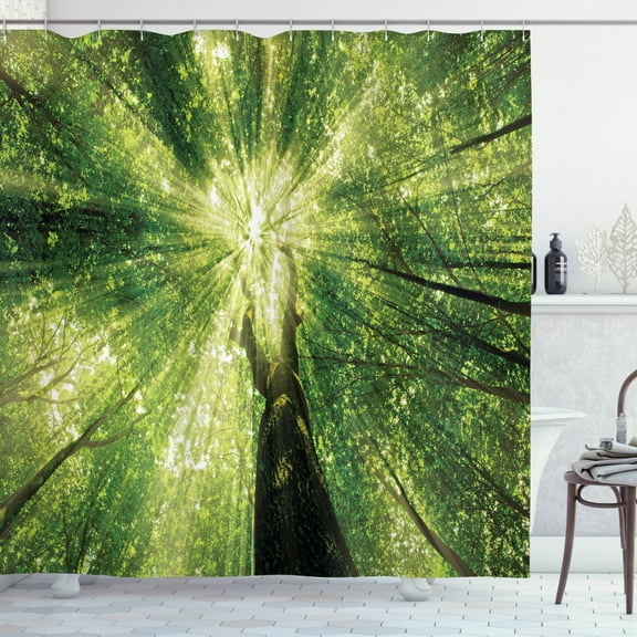 Ambesonne Forest Shower Curtain, Green Spring Brunches Sun, 69"Wx84"L, Green and Dark Green