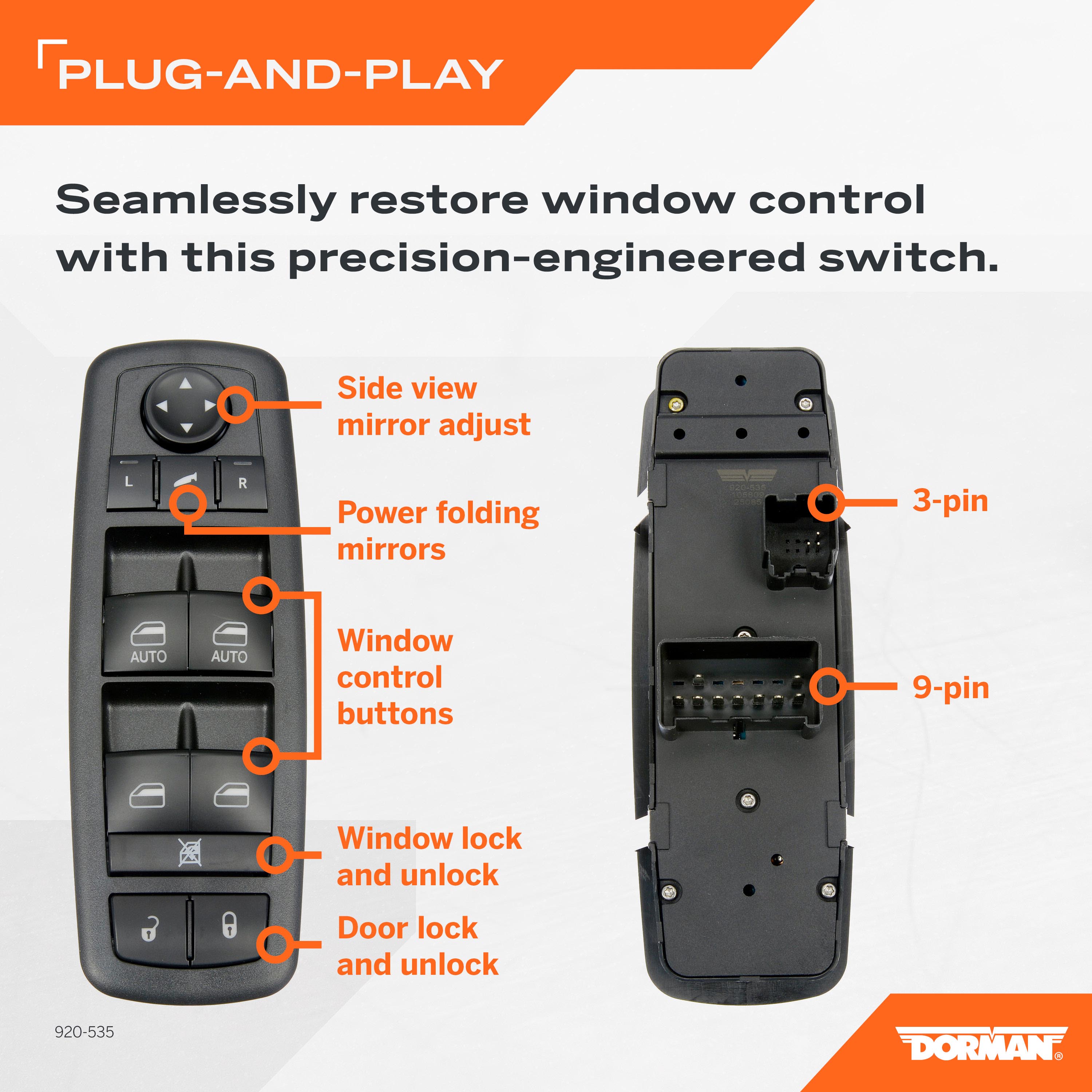 Dorman 920-535 Front Driver Side Power Window Switch for Specific Ram Models