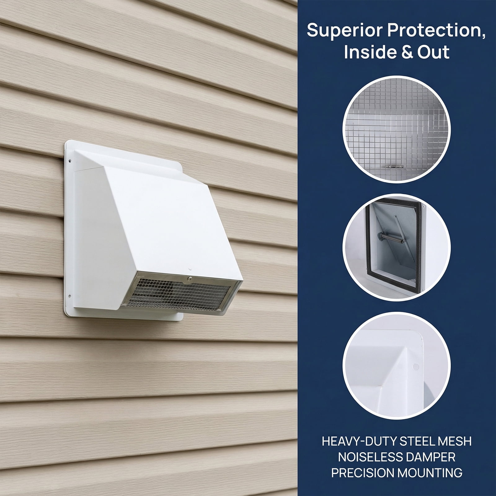 golytefs 8 Inch Dryer Vent Cover Outside with Screen And Damper Wall Vent Cover Cap Exterior Air Exhaust for Residential Housing Kitchen Hvac Duct (White)
