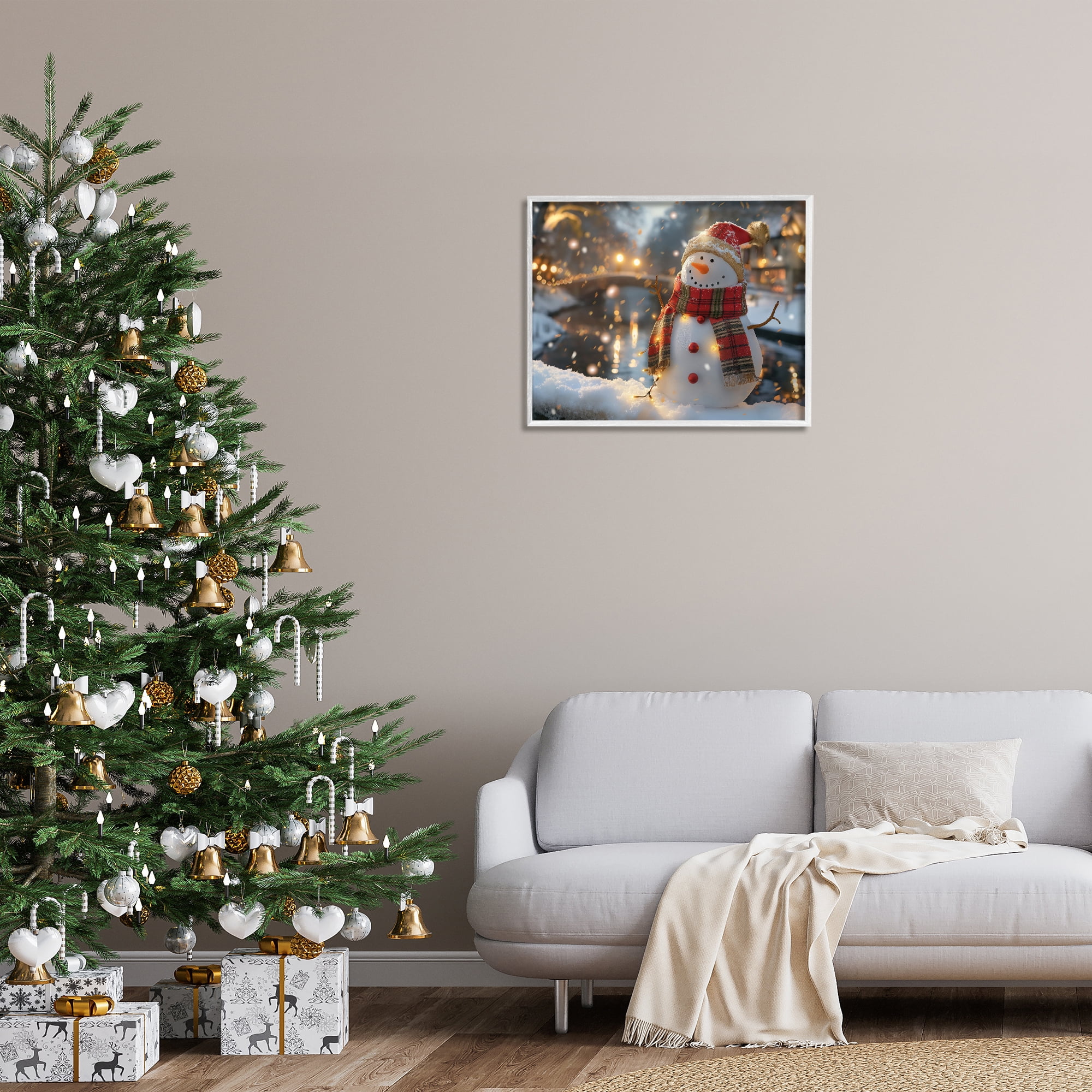 Stupell Industries Snowman Windy Winter Scene Holiday Painting White Framed Art Prints Wall Art, 30 x 24