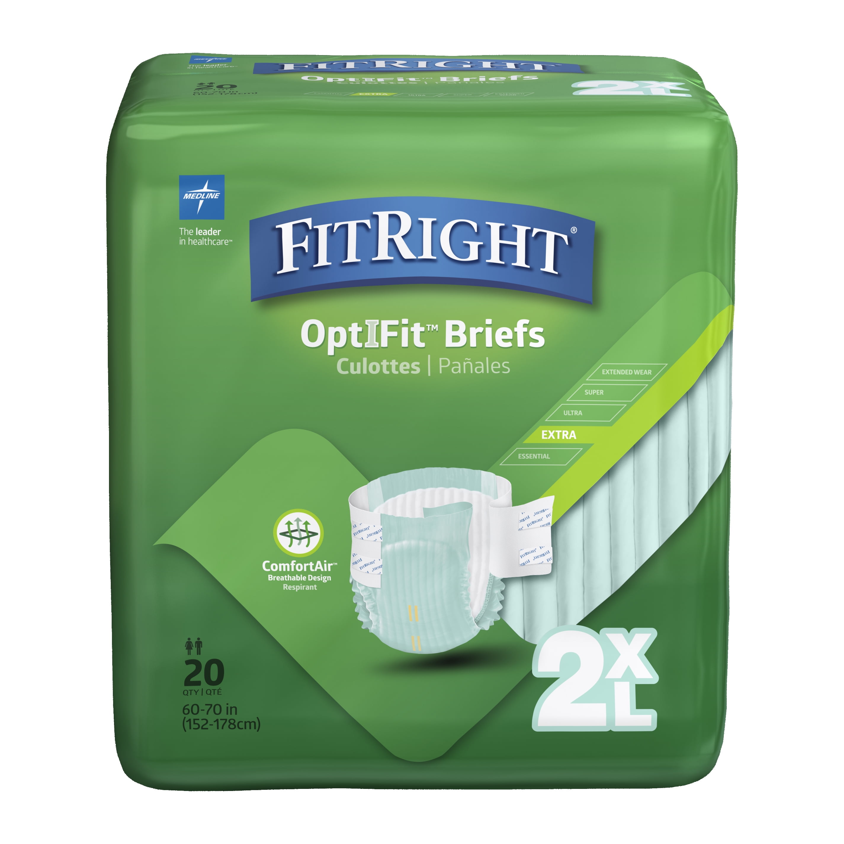 FitRight OptiFit Extra Briefs with Tabs, Adult Incontinence Brief, Moderate Absorbency, 2XL, 60'-70', 20 Count