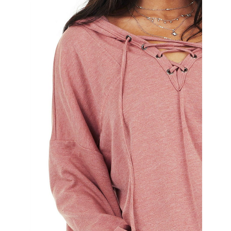 Women Solid Color Lace-Up V Neck Long Sleeves Sweatshirt Hoodie