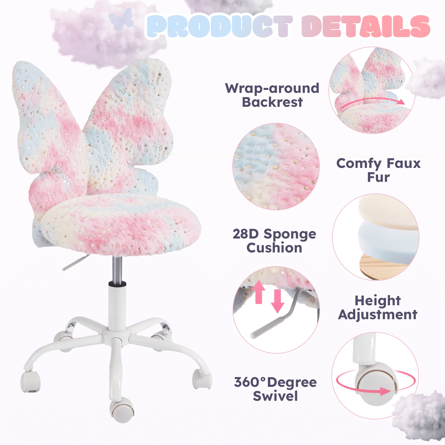 Kids Desk Chair with Butterfly Back, Adorable Fluffy Wheeled Desk Chair for Girls, Faux Fur Adjustable Height Swivel Vanity Chair for Kids Bedrooms and Reading Rooms,Colorful Pink