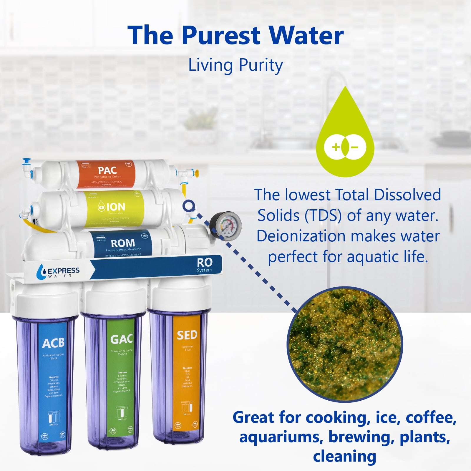 Express Water Deionization Reverse Osmosis Water Filtration System - 6 Stage RO DI Water Filter with Modern Brushed Nickel Faucet and Tank - Distilled Pure - Under Sink Home Water Softener - 100 GPD