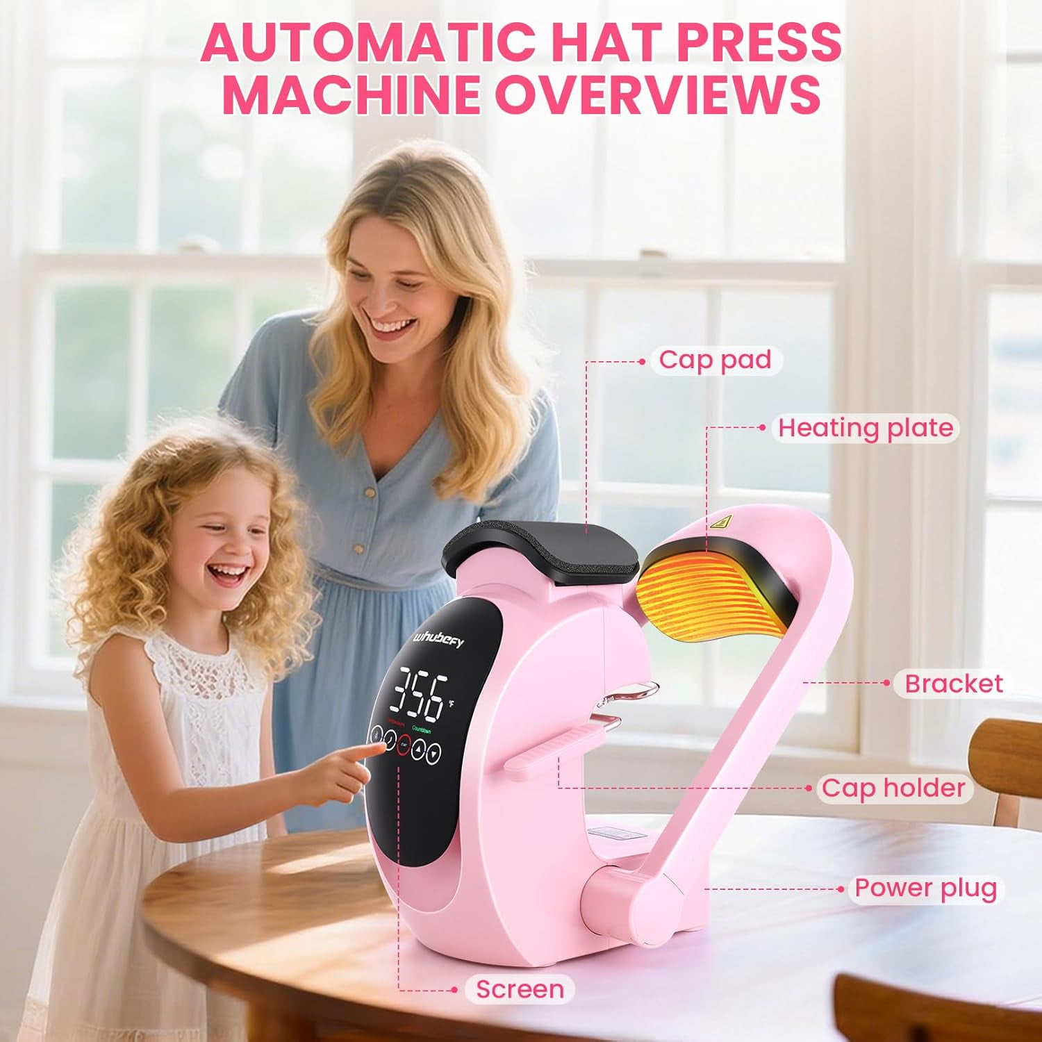 Adnoom 3-in-1 Cap Heat Press Machine, Hat Heat Press with 3pcs Replaceable Heating Pads, Automatic Release & Press, DIY Sublimation press for Caps T-Shirts Bags, Pink