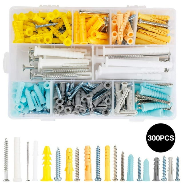 EZONEDEAL Plastic Drywall Wall Anchors Screws Assortment Kit 300 Pieces
