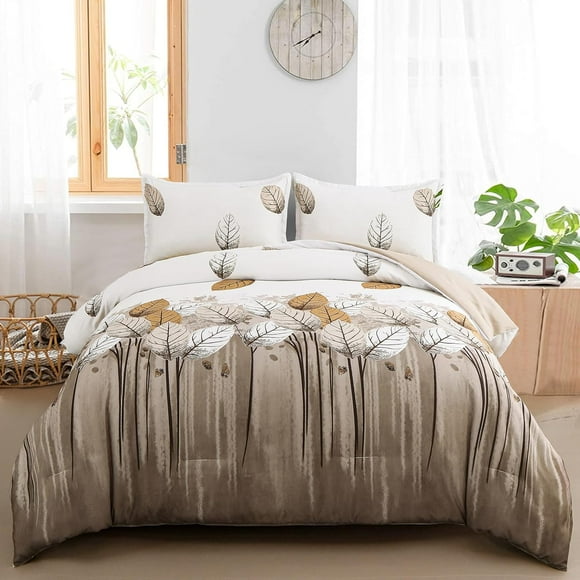 SURJDE Khaki Comforter Set King 3 Pieces Reversible Botanical Leaves Comforter Sets Soft Microfiber Bedding Set for All Season 104×90inch