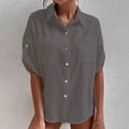thumbnail image 2 of Womens Summer Short Sleeve Button Down Shirts Bussiness Casual Basic Blouses Tops Henley V Neck Pockets Tunic Tee, 2 of 5