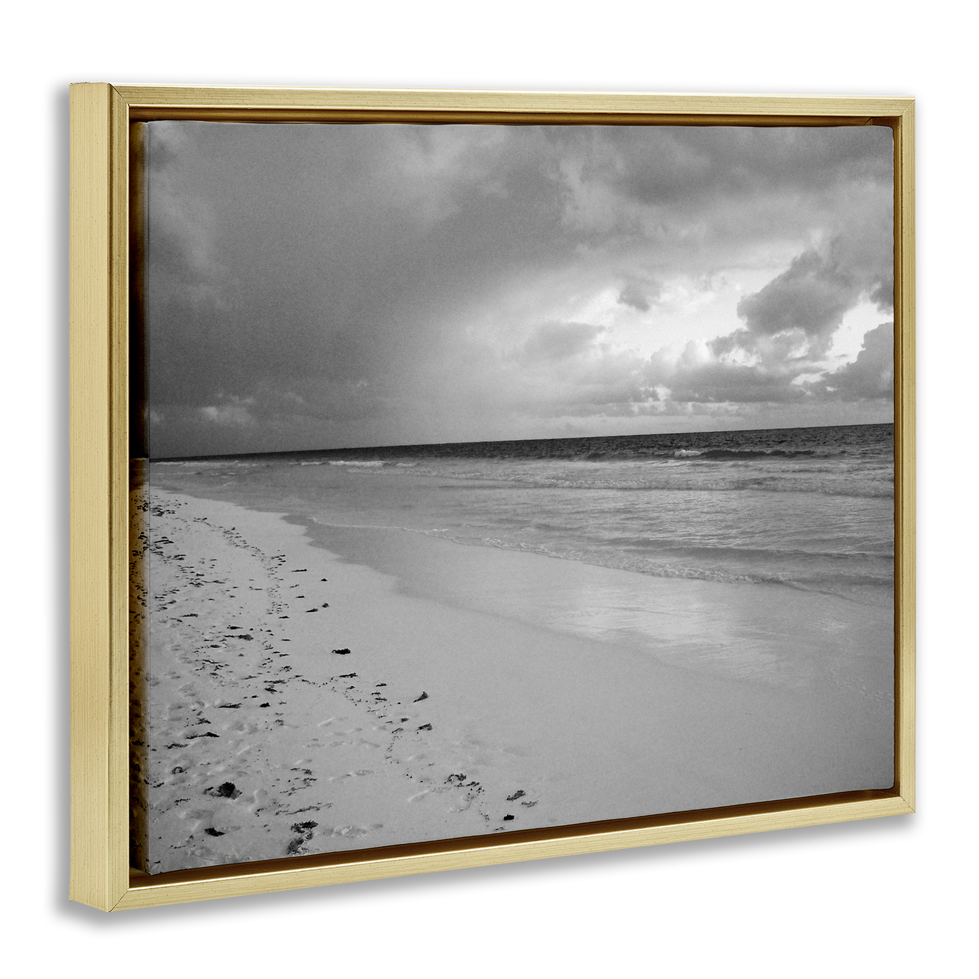 Stupell Industries Beach Shore with Footprints Coastal Photography Gold Floater Framed Canvas Art Print Wall Art, 21 x 17