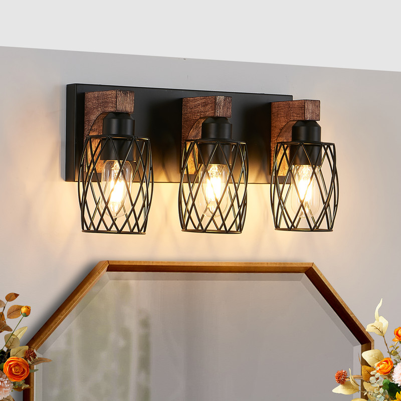 18" Industrial 3-Light Bathroom Vanity Light Fixture, Black Cage Wall Sconce with Wood Accents, Bathroom Light Fixtures Over Mirror, E26 Base, Bulbs Not Included