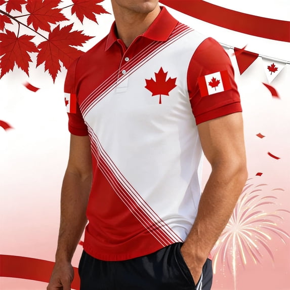 Telankuip Mens Canadian Flag Polo Shirts Short Sleeve Quarter Button up Red Maple Leaf Graphic Tees Casual Style Thin Soft Breathable Sports and Leisure Patriotic Pullover Top 9-White S
