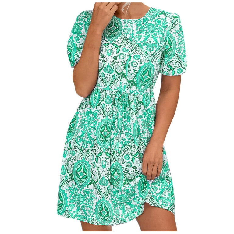 Summer Dress for Women 2023 Plus Size Women's Fashion Causual Printing Round -Neck Short Bishop Sleeve Short Dress Bohemain Beach Mini Sundress 