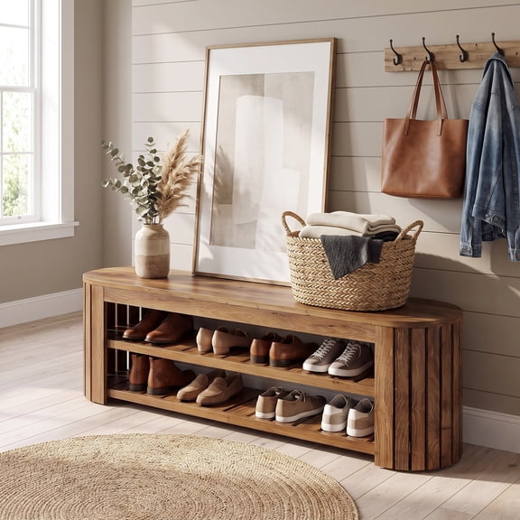 Fnova Curved-End Shoe Bench with Two Slatted Shelves and Fluted Panels, Wood Entryway Bench for Bedroom Mudroom Hallway