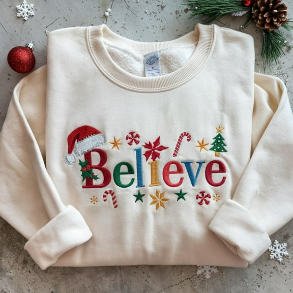 Christmas Believe Sweatshirt Embroidered - Sweatshirts- Embroidered Sweatshirts - Christmas - Believe Santa