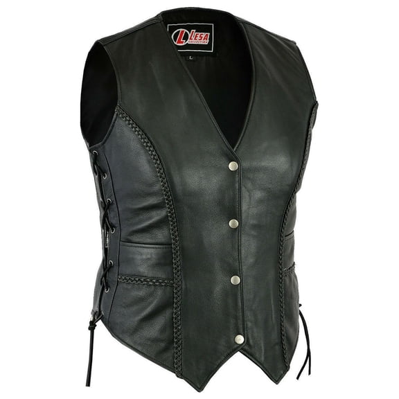 Lesa Collection Ladies Black Leather Waistcoat Side Laces Motorcycle Style Biker Women's Vintage Vests Size - L