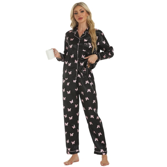 Wang6 Women's Satin Pajamas Sets 2 Pieces Long Sleeve Pjs Sets Soft Button V Neck Shirts Straight Pants Ladies Loose Fit Butterfly Printed Sleepwear Loungewear Sets Black1 XL