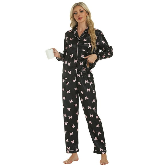 Women's Pajamas Print Long Sleeve Shirt Pants Set Graphic 2 Piece Pajamas Set Knit Pajamas for Women Teenager Pajamas Satin Pajama Shorts Pretty Women Clothes Womens Sleepwear Lingerie Womens
