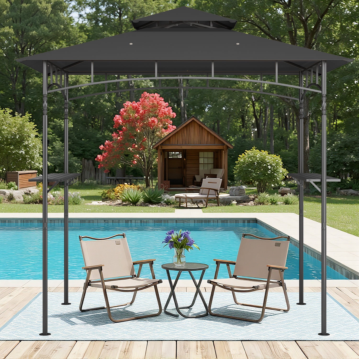 8'x5' Grill Gazebo,Asofer Double Tier BBQ Canopy with Vented Top, Outdoor Steel Frame Shelters with Shelves and Hooks for Backyard Patio,Dark Gray