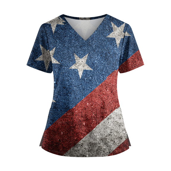 Iaqnaocc Patriotic Scrub Tops Women 4th of July American Flag Stars Nurse Uniforms Trendy V Neck Side Slits Scrub Tops Party Short Sleeve Medical Workwear with Pockets Light Blue L