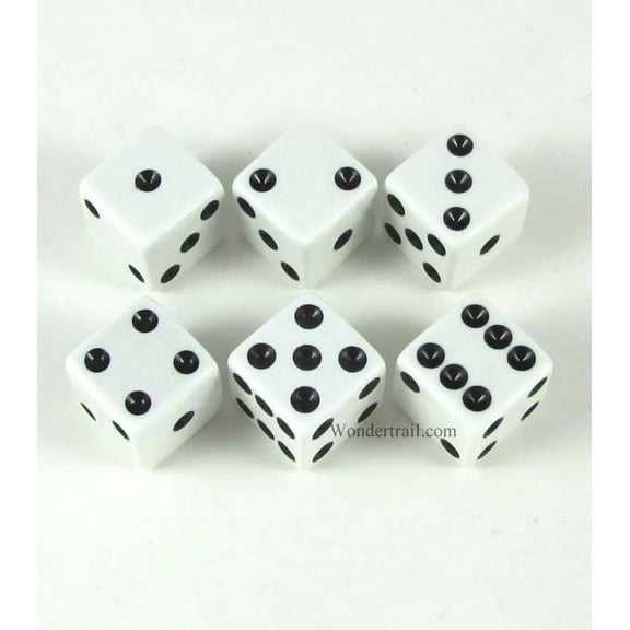 White Opaque Dice with Black Pips D6 16mm (5/8in) Pack of 6 Koplow Games