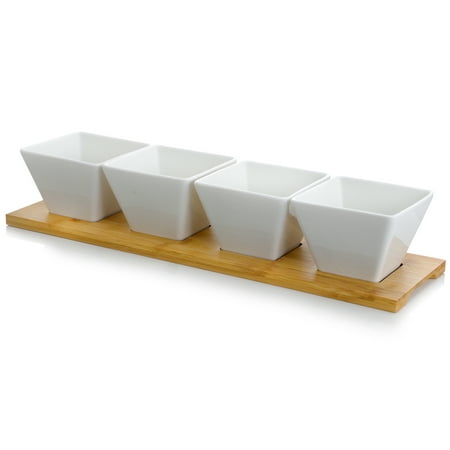Elama Signature Modern 5pc Appetizer and Condiment Server with 4 Serving Dishes and a Bamboo Serving