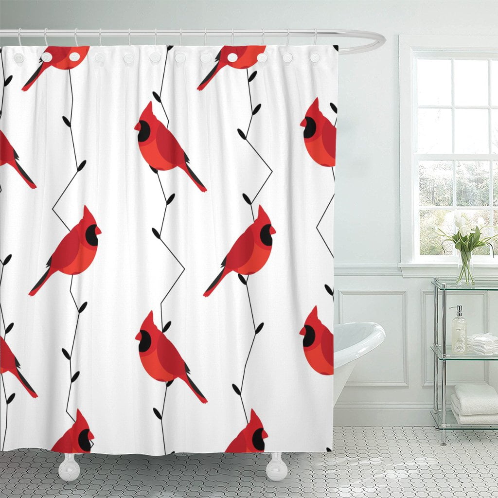 Lifeasy Winter Cardinals Stand on Branches Shower Curtain Cloth Fabric Bathroom Decor Set with Hooks Waterproof Washable 72 x 72 inches Grey White Red
