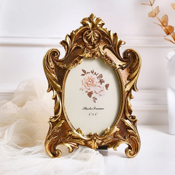 4x6 Antique Gold Picture Frame – Vintage Gold Oval Frame with Glass – Art Deco Style for Tabletop