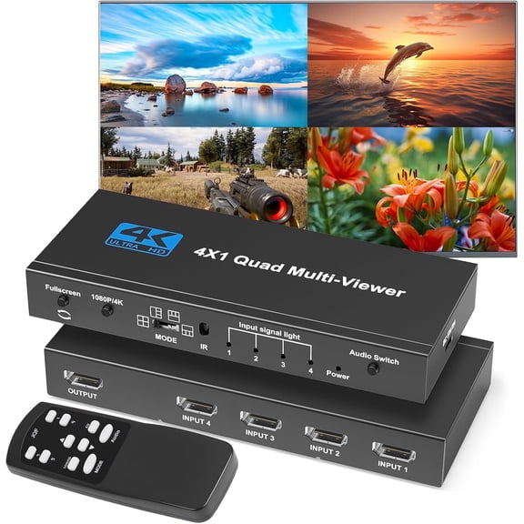 HDMI Multiviewer Switch 4x1 Seamless Switcher Quad Multi-Viewer HDMI Switcher 4 in 1 Out Supports 4K HD,1080p 60Hz,Upgrade 9 Display Modes with IR Remote for Security Camera and Gaming Consoles