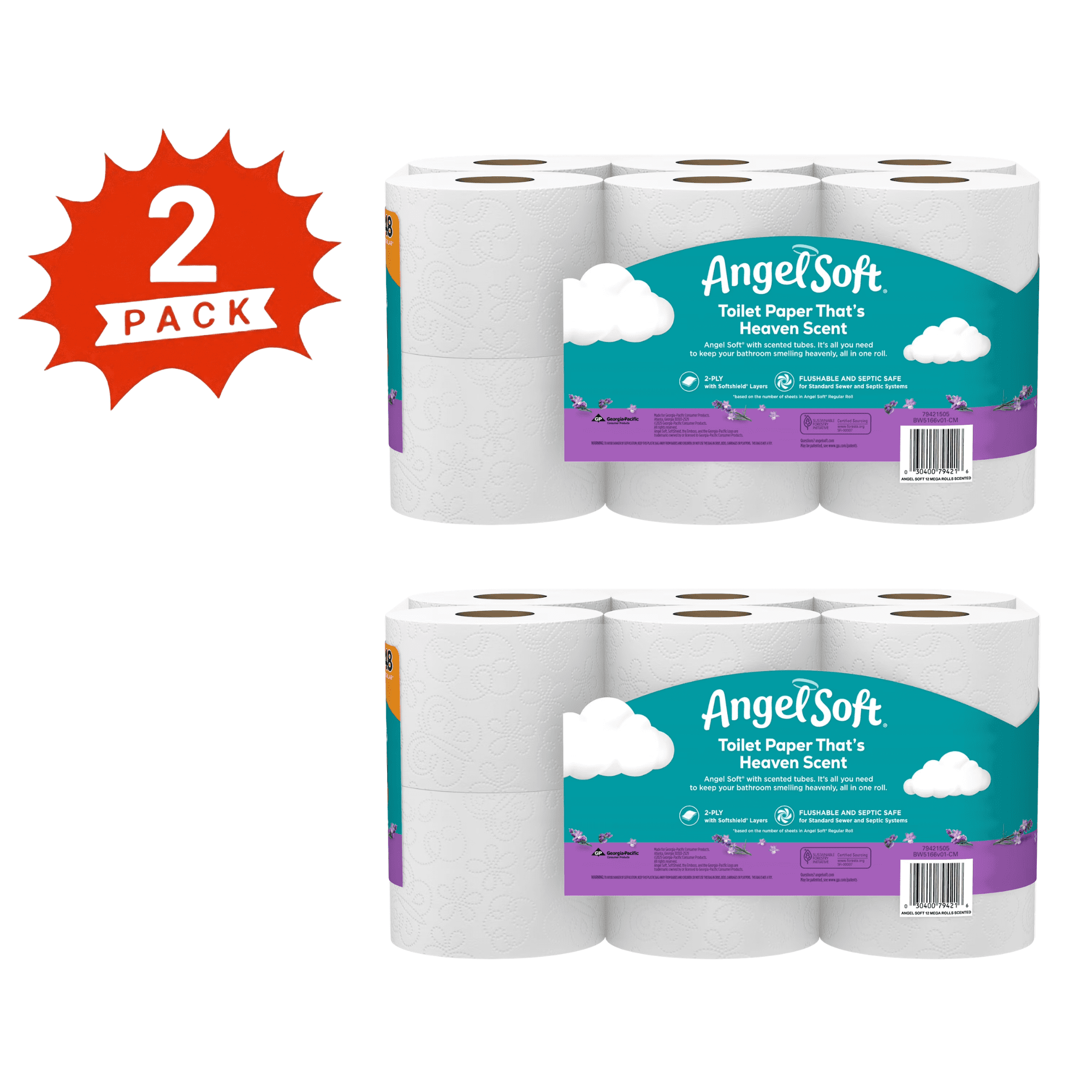 Angel Soft Toilet Paper, 24 Mega Rolls, 2-Ply Bath Tissue with Fresh Lavender Scented Tube, 640 Sheets per Roll (2-Pack)