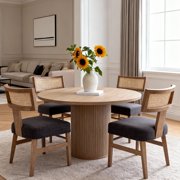 Guyou Modern Rattan Backrest Dining Chairs Set of 2, Mid-century Farmhouse Linen Upholstered Kitchen Chairs Solid Wood Side Chairs for Kitchen Dining Room Living Room, Charcoal