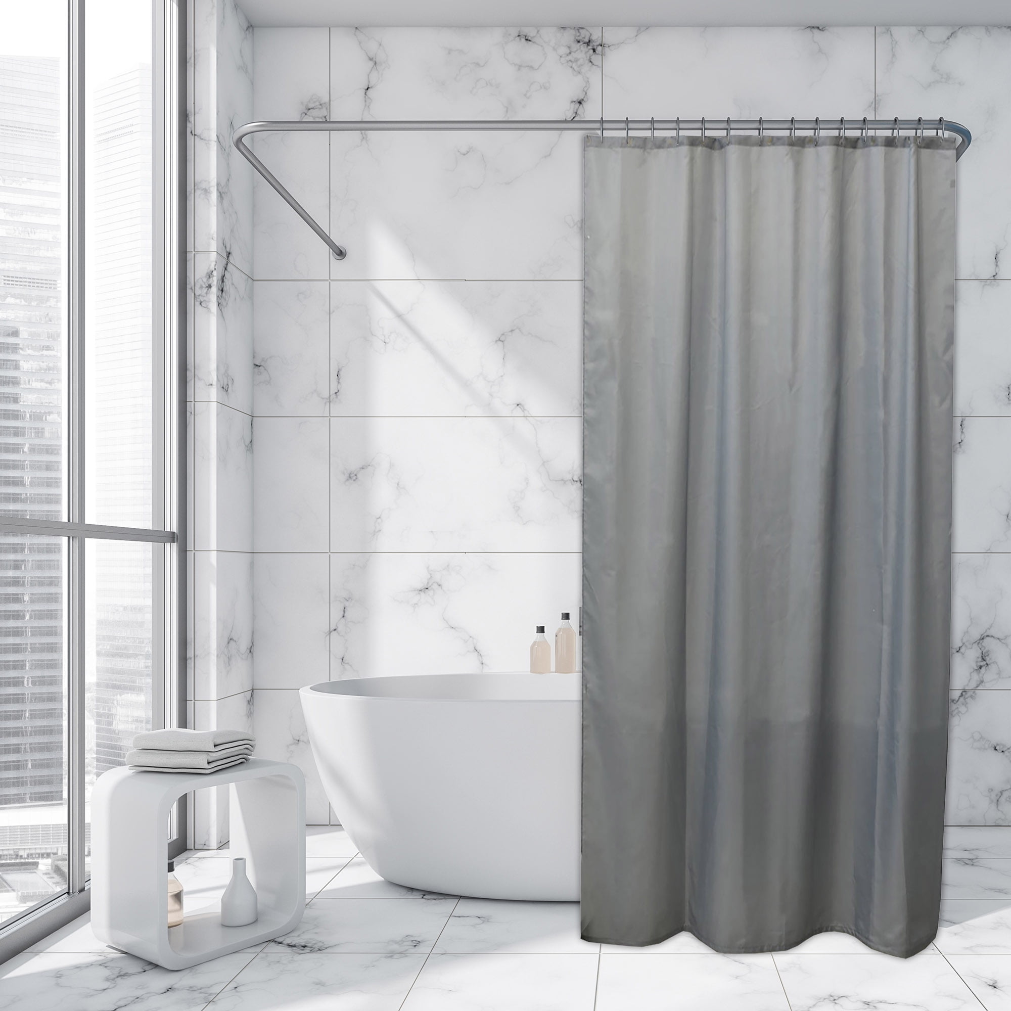 Grey Extra Long Shower Curtain Polyester 12 Rings 79"L x 71"W