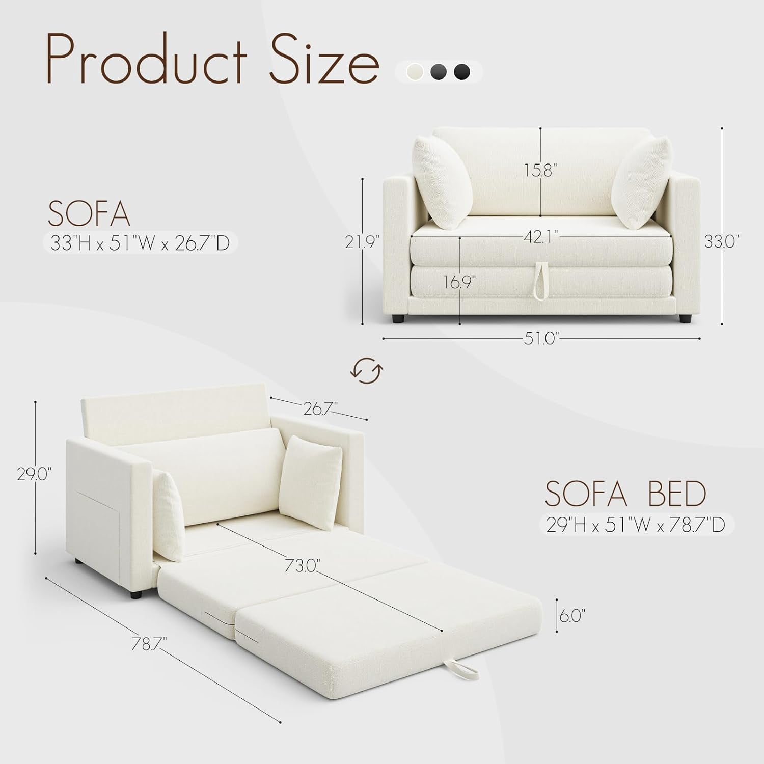 Gacale Sofa Bed, 2-in-1 Pull Out Loveseat Sleeper Sofa, Folding Floor Couch for Guest Room and Bedroom, Beige