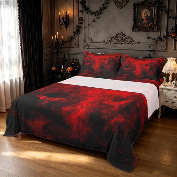 Feelyou Horror Bat Skull Bed Sheets, Red Butterfly Halloween Full Size Sheets, 4pcs, 1 Flat Sheet, 1 Fitted Sheet and 2 Pillowcases