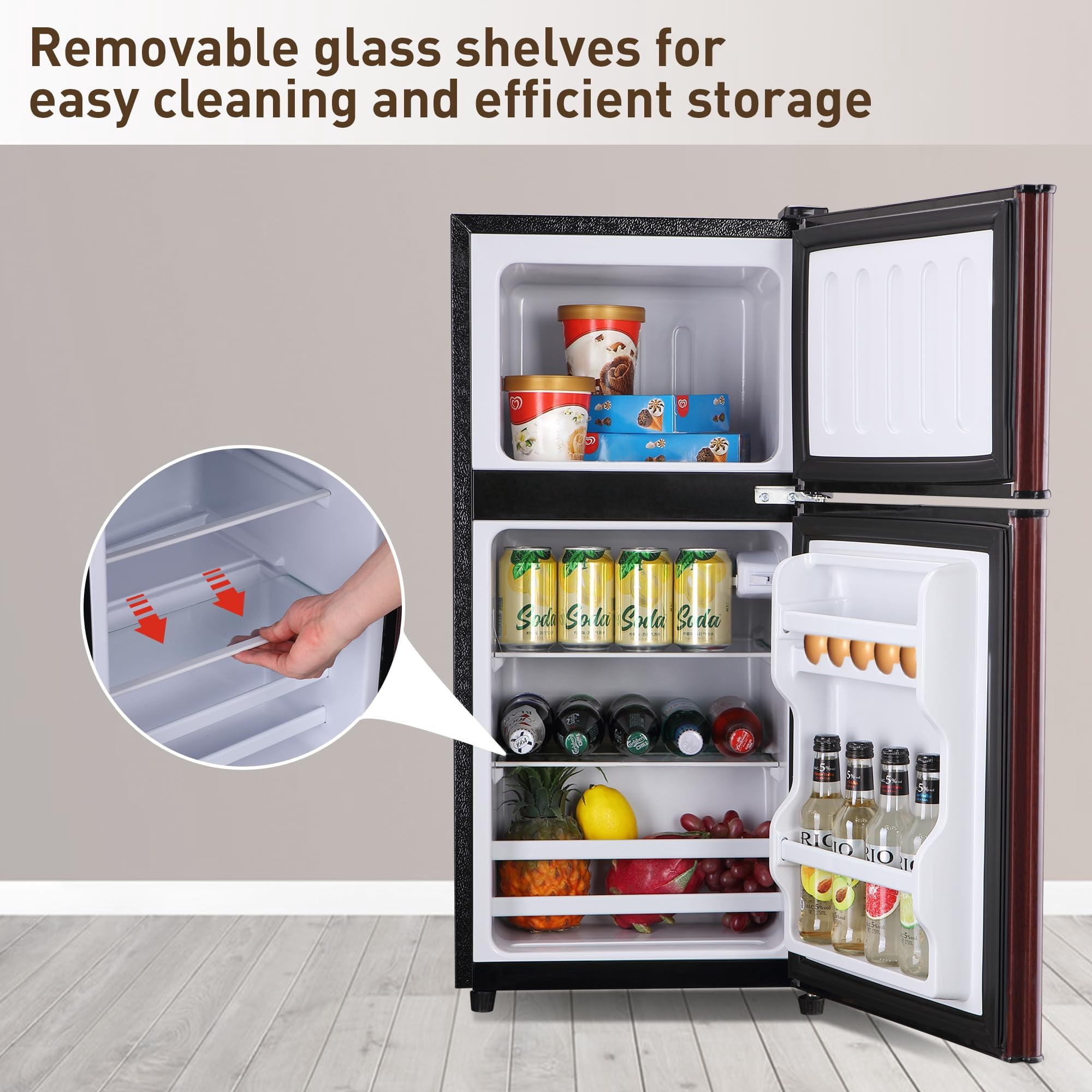 3.2 Cu.Ft Mini Fridge with Freezer, Adjustable Thermostat Removable Glass Shelves, Quiet Energy Saving Apartment Size for Dorm Office Kitchen, Wood