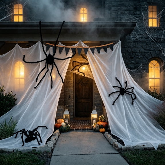 FXMLRLK Halloween Decorations Outdoor Spiderwebs Pre-Cut DIY Spider Webbing with Tools, Gauze Cobwebs for Haunted House Yard Home Party Decor