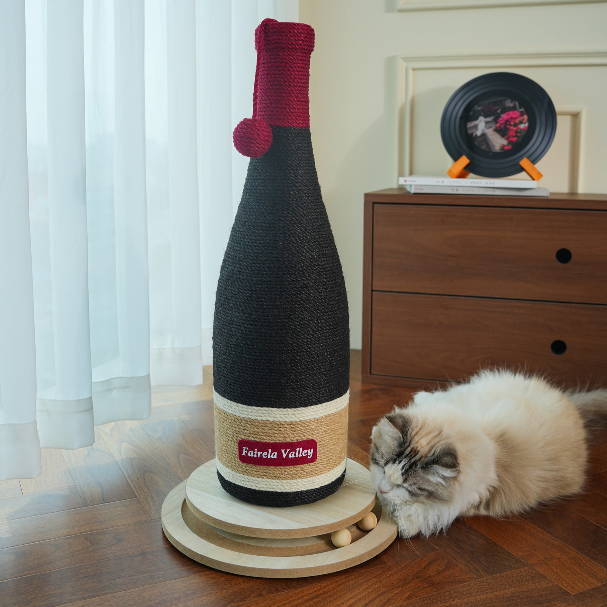 Fairela Rotating Base Sisal Rope Cat Scratching Post with Hanging Toy Ball, Brown Wine Bottle